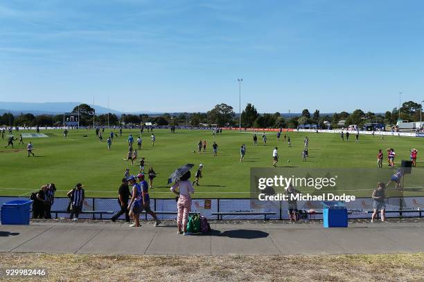 Fans enjoy kick to kick during the JLT Community Series AFL match between Collingwood Magpies and the Western Bulldogs at Ted Summerton Recreational...