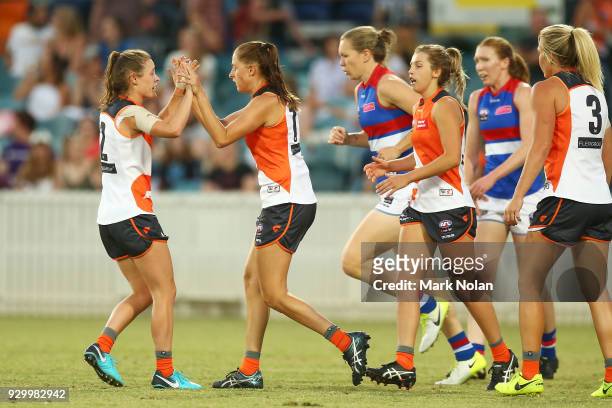 Aimee Schmidt of the Giants celebrates kicking a goal during the round six AFLW match between the Greater Western Sydney Giants and the Western...