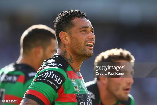 John Sutton of the Rabbitohs watches a replay of a Warriors try during the round one NRL match between the South Sydney Rabbitohs and the New Zealand...