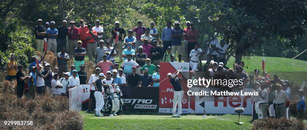 Shubhankar Sharma of Indiatees off on the 3rd hole during day three of the Hero Indian Open at Dlf Golf and Country Club on March 10, 2018 in New...