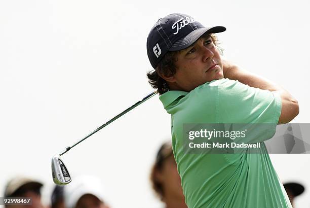 Jason Dufner of the USA tees off on the 8th hole during round one of the 2009 Australian Masters at Kingston Heath Golf Club on November 12, 2009 in...