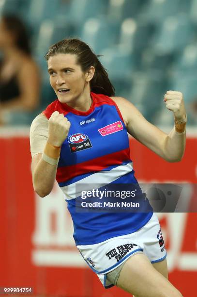 Kirsten McLeod of the Bulldogs celebrates kicking a goal during the round six AFLW match between the Greater Western Sydney Giants and the Western...