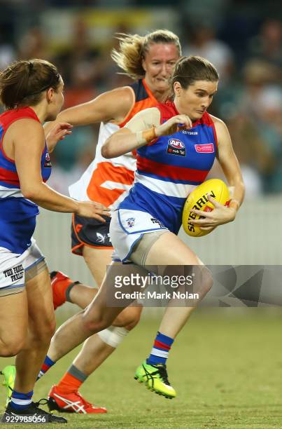 Kirsten McLeod of the Bulldogs in action during the round six AFLW match between the Greater Western Sydney Giants and the Western Bulldogs at UNSW...