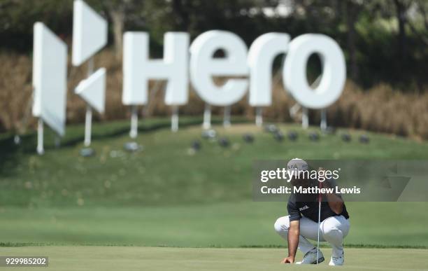 Shubhankar Sharma of India lines up a putt on the 6th green during day three of the Hero Indian Open at Dlf Golf and Country Club on March 10, 2018...