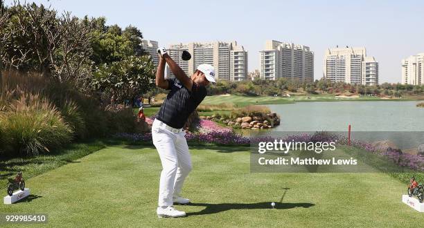 Shubhankar Sharma of India tees off on the 8th hole during day three of the Hero Indian Open at Dlf Golf and Country Club on March 10, 2018 in New...