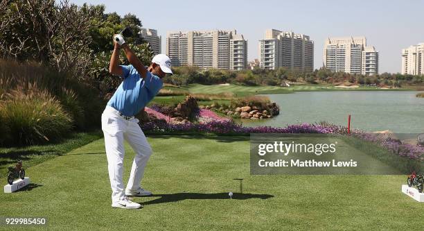 Pablo Larrazabal of Spain tees offon the 8th hole during day three of the Hero Indian Open at Dlf Golf and Country Club on March 10, 2018 in New...