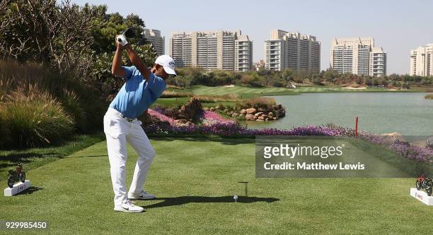 Pablo Larrazabal of Spain tees offon the 8th hole during day three of the Hero Indian Open at Dlf Golf and Country Club on March 10, 2018 in New...