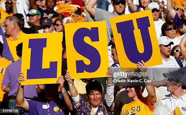 Fans of the Louisiana State University Tigers hold up a sign against the Alabama Crimson Tide at Bryant-Denny Stadium on November 7, 2009 in...