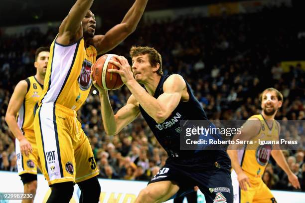 Benjamin Ortner of Germani competes with Trevor Mbakwe and Aleksander Vujacic and Giuseppe Poeta of Fiat during the match final of Coppa Italia...