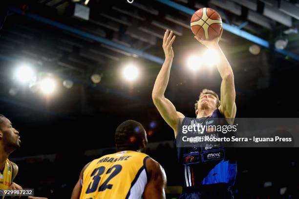 Benjamin Ortner of Germani competes with Trevor Mbakwe of Fiat during the match final of Coppa Italia between Auxilium Fiat Torino and Leonessa...