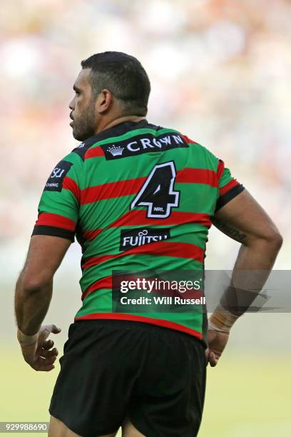 Greg Inglis of the Rabbitohs looks on during the round one NRL match between the South Sydney Rabbitohs and the New Zealand Warriors at Perth Stadium...