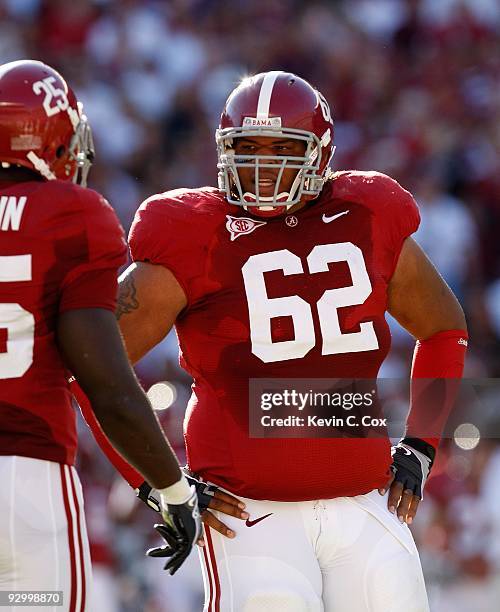 Terrence Cody and Rolando McClain of the Alabama Crimson Tide against the Louisiana State University Tigers at Bryant-Denny Stadium on November 7,...