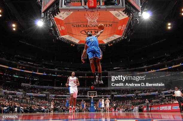 James Harden of the Oklahoma City Thunder goes up for a dunk against the Los Angeles Clippers at Staples Center on November 11, 2009 in Los Angeles,...