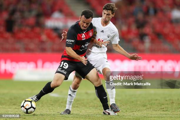 Mark Bridge of the Wanderers controls the ball during the round 22 A-League match between the Western Sydney Wanderers and the Wellington Phoenix at...