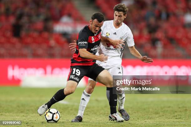 Mark Bridge of the Wanderers controls the ball during the round 22 A-League match between the Western Sydney Wanderers and the Wellington Phoenix at...