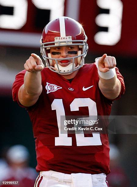 Quarterback Greg McElroy of the Alabama Crimson Tide against the Louisiana State University Tigers at Bryant-Denny Stadium on November 7, 2009 in...