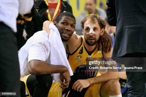 Trevor Mbakwe and Giuseppe Poeta of Fiat celebrates the Coppa Italia after won the match final of Coppa Italia between Auxilium Fiat Torino and...