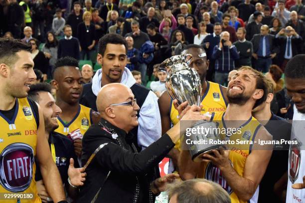 Giuseppe Poeta captain of Fiat and Antonio Forni owner and president of Auxilium raise the Coppa Italia after won the match final of Coppa Italia...