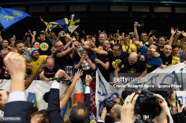 The players of Fiat celebrates the Coppa Italia with their supporters after won the match final of Coppa Italia between Auxilium Fiat Torino and...