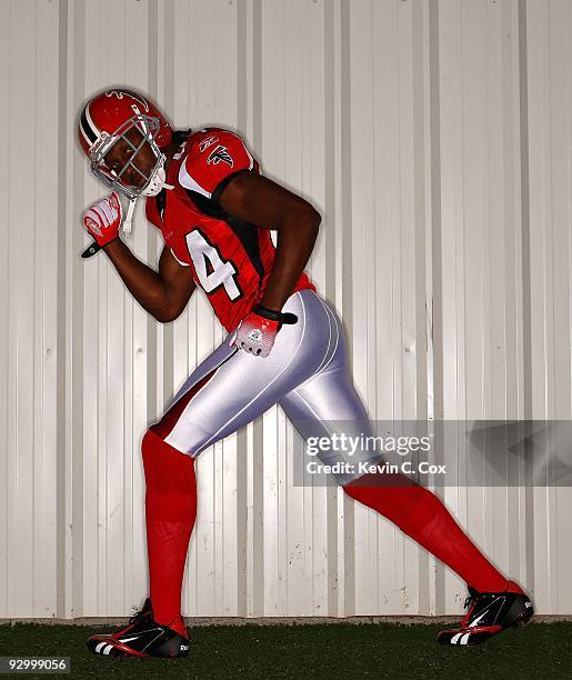 Roddy White, wide receiver of the Atlanta Falcons, poses for a portrait at the Falcons Training Complex on October 27, 2009 in Flowery Branch,...