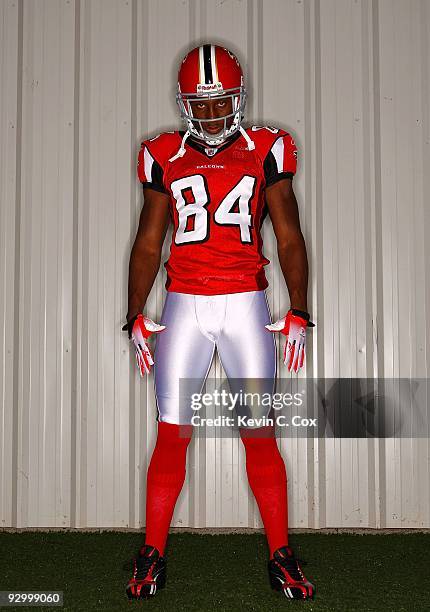 Roddy White, wide receiver of the Atlanta Falcons, poses for a portrait at the Falcons Training Complex on October 27, 2009 in Flowery Branch,...