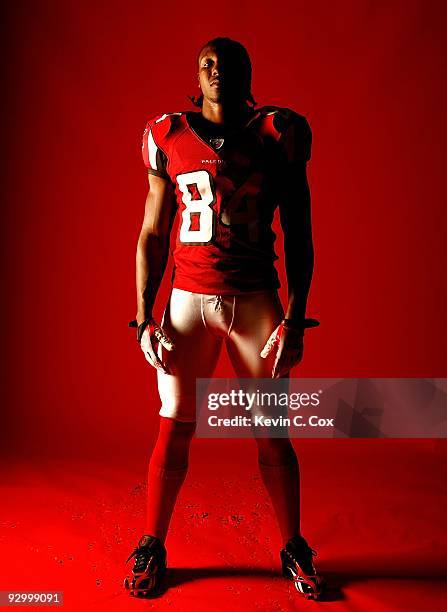 Roddy White, wide receiver of the Atlanta Falcons, poses for a portrait at the Falcons Training Complex on October 27, 2009 in Flowery Branch,...