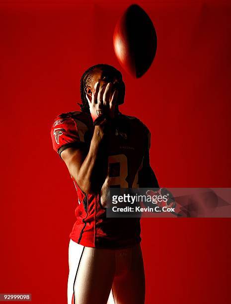 Roddy White, wide receiver of the Atlanta Falcons, poses for a portrait at the Falcons Training Complex on October 27, 2009 in Flowery Branch,...