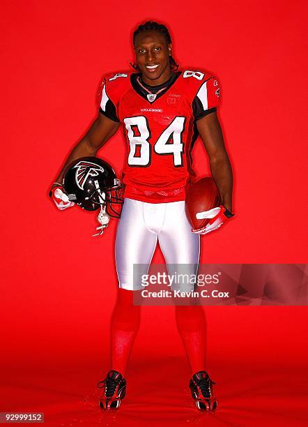 Roddy White, wide receiver of the Atlanta Falcons, poses for a portrait at the Falcons Training Complex on October 27, 2009 in Flowery Branch,...