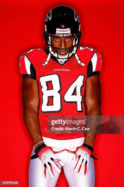 Roddy White, wide receiver of the Atlanta Falcons, poses for a portrait at the Falcons Training Complex on October 27, 2009 in Flowery Branch,...