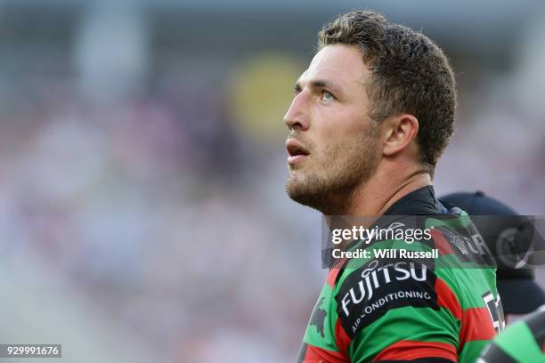 Sam Burgess of the Rabbitohs looks to the replay screen during the round one NRL match between the South Sydney Rabbitohs and the New Zealand...