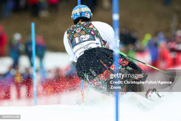 Veronika Velez Zuzulova of Slovakia celebrates her last race during the Audi FIS Alpine Ski World Cup Women's Slalom on March 10, 2018 in...