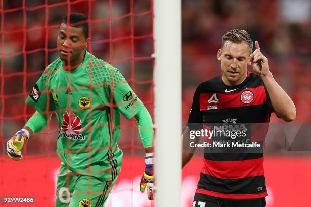 Brendon Santalab of the Wanderers celebrates scoring a goal during the round 22 A-League match between the Western Sydney Wanderers and the...