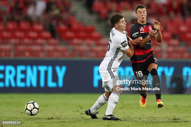 Christopher Ikonomidis of the Wanderers in action during the round 22 A-League match between the Western Sydney Wanderers and the Wellington Phoenix...