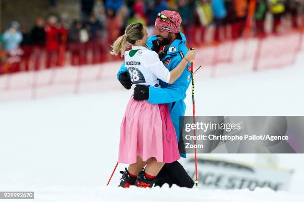 Michaela Kirchgasser of Austria celebrates her last race during the Audi FIS Alpine Ski World Cup Women's Slalom on March 10, 2018 in Ofterschwang,...