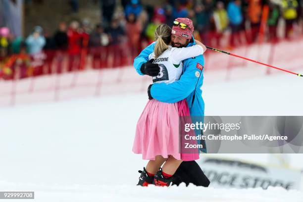 Michaela Kirchgasser of Austria celebrates her last race during the Audi FIS Alpine Ski World Cup Women's Slalom on March 10, 2018 in Ofterschwang,...