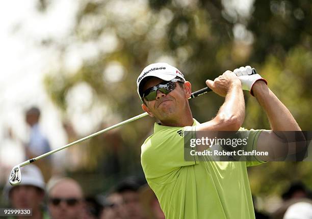 Andrew Coltart of Scotland tees off on the 6th hole during round one of the 2009 Australian Masters at Kingston Heath Golf Club on November 12, 2009...