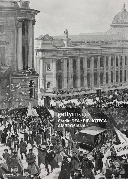 Demonstration on Nevsky Prospekt in Saint Petersburg, Russia, Russian revolution of 1905, drawing by Aldo Molinari after a sketch by R Dazario from...