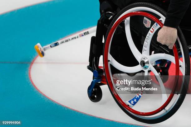 Detail shoot of the United States wheelchair during the Wheelchair Curling Round Robin Session 01 during day one of the PyeongChang 2018 Paralympic...