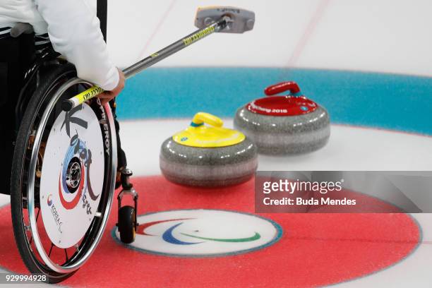 Detail shoot of Korea wheelchair during the Wheelchair Curling Round Robin Session 01 during day one of the PyeongChang 2018 Paralympic Games at...