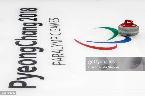 The stone is seen during the Wheelchair Curling Round Robin Session 01 during day one of the PyeongChang 2018 Paralympic Games at Gangneung Curling...