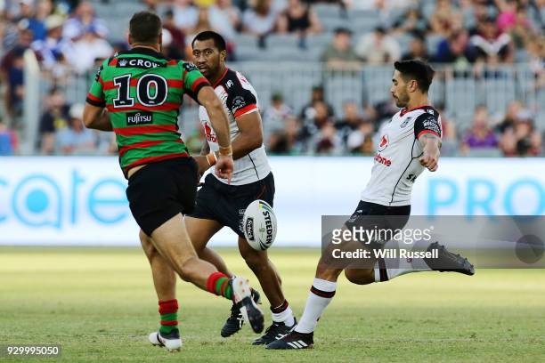 Shaun Johnson of the Warriors kicks the ball during the round one NRL match between the South Sydney Rabbitohs and the New Zealand Warriors at Optus...