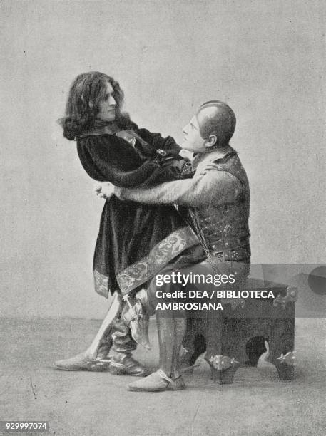 Malatestino dall'Occhio and Gianciotto, characters of Francesca da Rimini, tragedy by Gabriele D'Annunzio , photo by Alinari, from L'illustrazione...