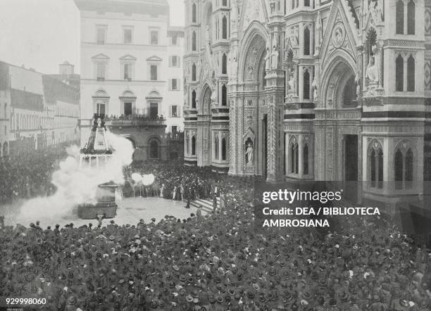 The Scoppio del Carro folk event in front of Florence cathedral, Florence, Italy, photograph by Brogi, from L'Illustrazione Italiana, Year XXXV, No...