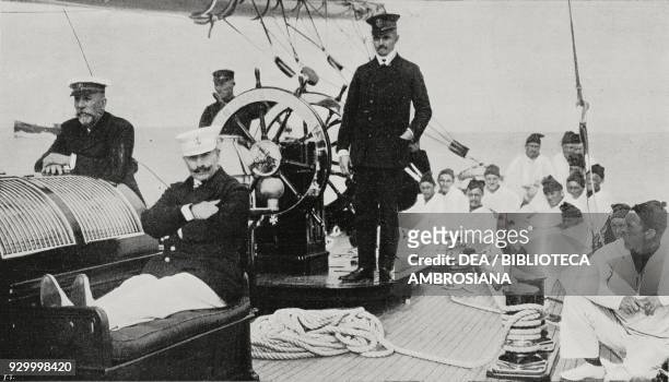 Prince Albert I of Monaco and Emperor Wilhelm II of Prussia and Germany on board of the yacht Meteor during the regattas in Kiel Germany, photo by...
