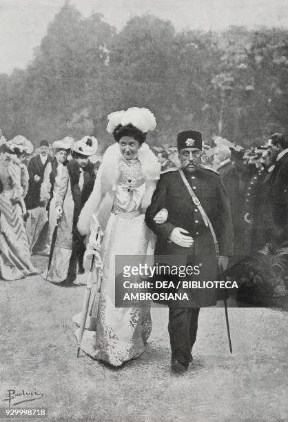The Queen Elena of Savoy and the Shah of Persia Mozaffar ad-Din Shah Qajar at the garden-party of the Quirinale, Rome, Italy, photo by Dante Paolocci...
