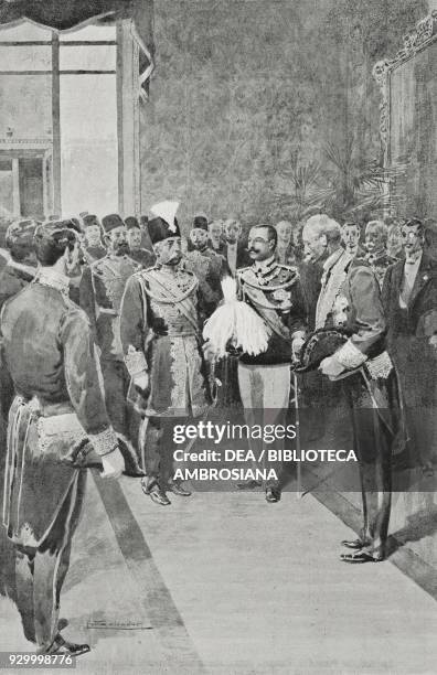 The Shah of Persia Mozaffar ad-Din Shah Qajar received by Vittorio Emanuele III of Italy at the station in Rome, Italy, May 21 Italy, drawing by...