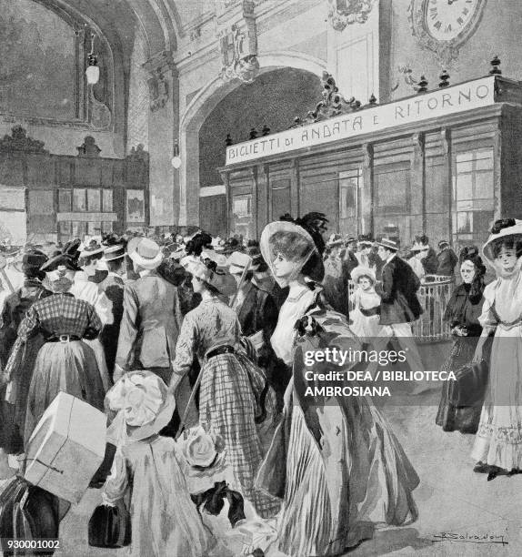 The exodus in Milan Central Station on the morning of Ferragosto , Italy, drawing by Riccardo Salvadori , from L'Illustrazione Italiana, Year XXXV,...