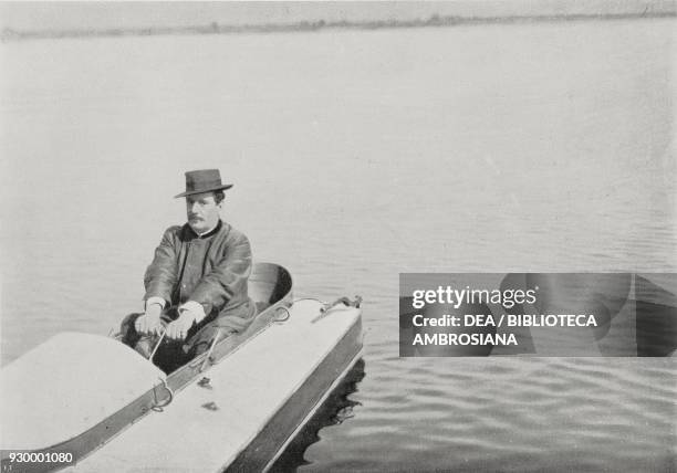 Giacomo Puccini on a speedboat on Lake Massaciuccoli Italy, from L'Illustrazione Italiana, Year XXXVII, No 33, August 14, 1910.