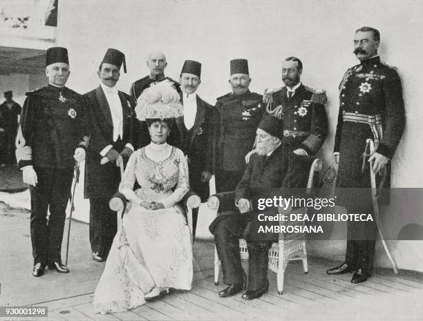 The English monarchs aboard the Medina welcoming the Turkish mission in Port Said: Wingate, Ali Pasha, the Duke of Teck, Prince Zia-ed-Di, Kianli...