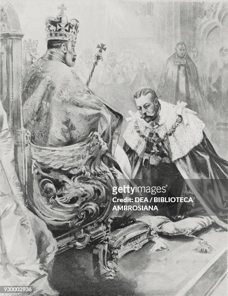 The homage of the Prince of Wales George to King Edward VII , London, England, August 9 drawing by Joseph Finnemore , from L'illustrazione Italiana,...